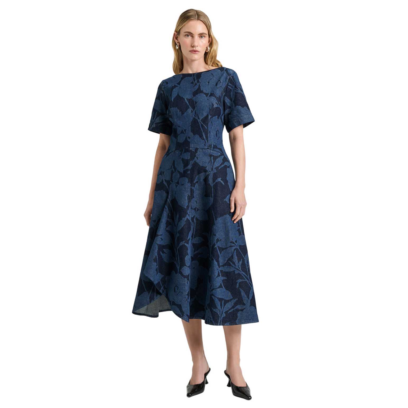 Veronika Maine Shadow Floral Denim Midi Dress